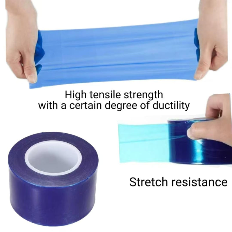 A roll of high Viscosity polyethylene Blue Adhesive Film, Suitable for Protecting car Wheels, Steel, Household appliances, Hardware and Other Materials, 2.8 inches high and 656.2 feet Long