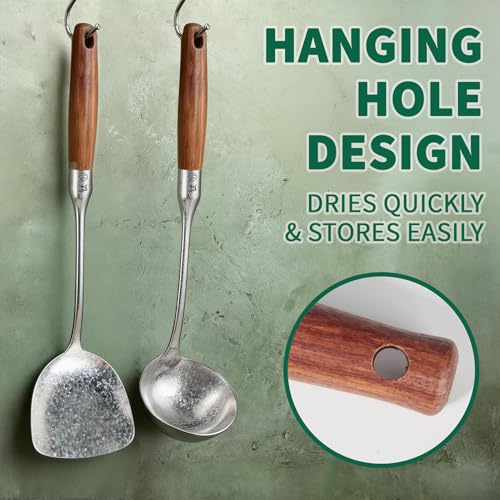 Newness stainless steel soup ladle and solid turner, pure titanium soup spoon and turner, kitchen utensils for serving and cooking