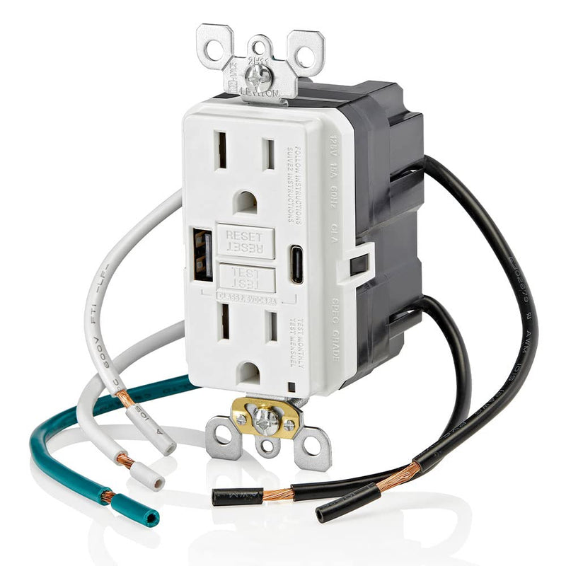 [Australia - AusPower] - Leviton GUAC1-W 15A SmartlockPro Self-Test GFCI Combination with Type A & Type-C USB In-Wall, USB Charger for Smartphones and Tablets, White Type A/C USB w/GFCI 