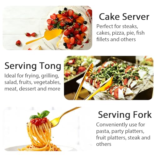 11 PCS Serving Utensils Stainless Steel Large Serving Utensils Set Spoons, Slotted Spoons, Forks, Tongs, Soup Ladle and Cake Server for Buffet Party Catering Gold
