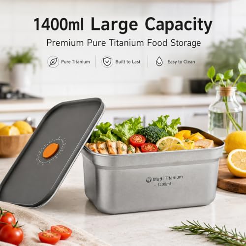 Food Grade Pure Titanium Airtight Food Container, 700ml/1000ml/1400ml Leakproof Lightweight Fridge container For Office Camping Home, BPA-Free Stackable Meal Prep Container (Silver, 1400, ml) Silver Large