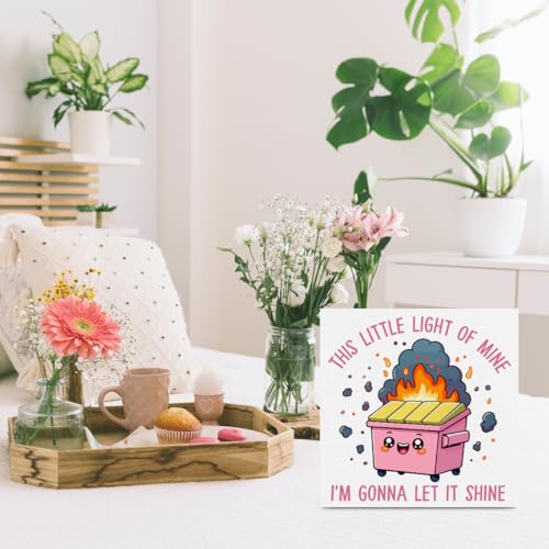 Pink Office Decor Dumpster Fire Wooden Box Sign Plaque Table Decorations for Home Workplace 5 x 5 inches Humorous Gift for Any Occasion I'm Gonna Let It Shine - 02