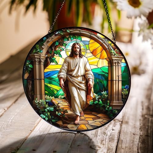 8 Inch Stained Glass Cross Suncatcher for Window Hanging Home Garden Decor Jesus