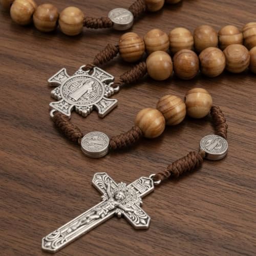 Nazareth Store Sacred St Benedict Wood Beads Rosary Solid Wooden Prayer Chaplet with Cross Saint Medal & Silver Jesus Crucifix