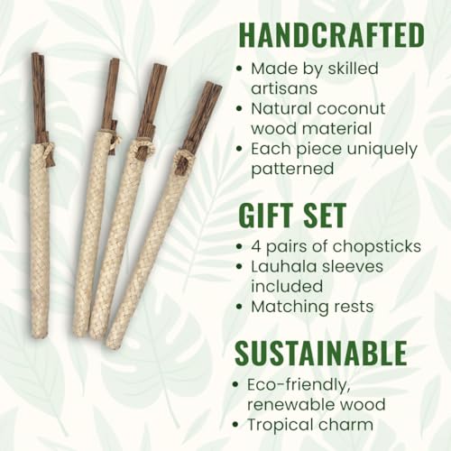 Hawaiian Coconut Wood 10” Long Chopsticks and Holders in Lauhala Sleeves Set of 4