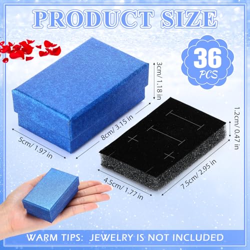 Blue Batiyeer jewelry gift boxes, 36-pack, 3.2 x 2 x 1.2 inches, showcasing the compact, elegant storage solution for jewelry.
