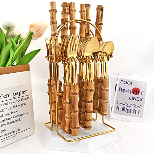 24-Piece Gold Stainless Steel Flatware Set, Bamboo Handle Cutlery with Stand Dinnerware Set Include Knife Fork Spoon And Teaspoon, Service For 6, Mirror Finished.