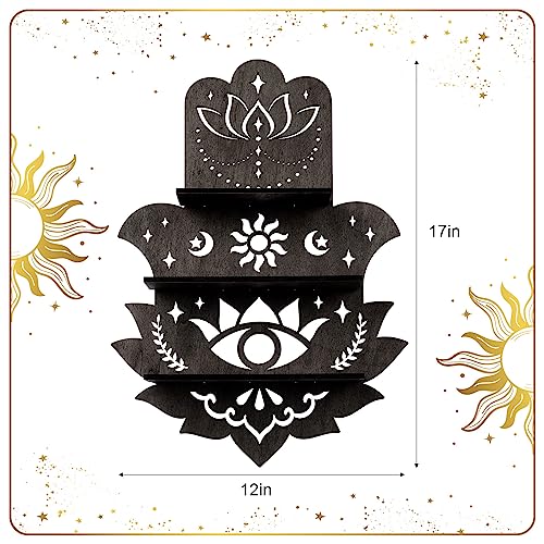 Maitys Hamsa Wall Decor Lotus Crystal Shelf Display for Evil Eye Black