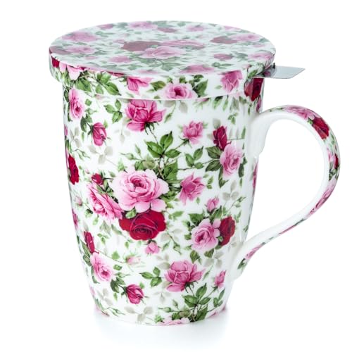 McIntosh Chintz Red and Pink Roses fine bone china tea mug with lid and infuser, featuring floral design and handle.