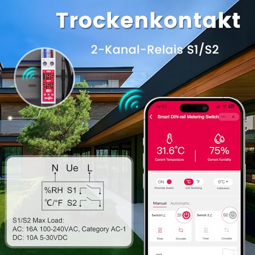 TONGOU Digital Display Temperature DIN Rail DIN, Controller Thermostat with NTC Probe Temperature Sensor, Dry Contact Smart Switch 2-Channel, TUYA/SMART Life App