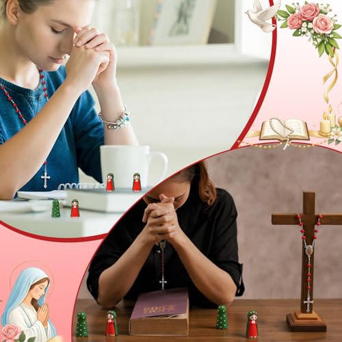 40 Pcs Our Lady of Guadalupe Mini Resin Figurines with Blessed Mother Virgin Mary Catholic Religious Prayer Cards Rosary Necklaces Organza Bags Baptism Favor Guest Gift for Party (Mary,Red) Red 40