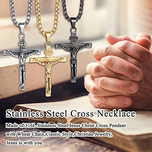 JeweBella Cross Necklace for Men Women Stainless Steel Jesus Crucifix Cross Pendant Venetian Chain 61 CM Silver/Gold/Black Religious Jewellery Gift A:Silver