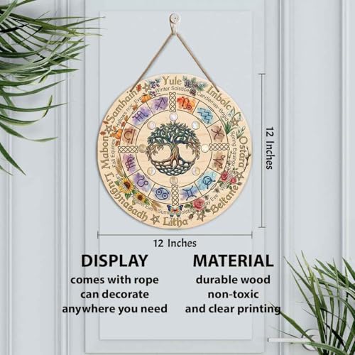 Wooden Wheel of the Year Door Sign - 12 Inch Pagan Calendar Wall Hanging - Celtic Seasons & Sabbats Decor - Witchy Spiritual Gifts, Wiccan Home Accessory for Altar, Porch, or Garden Wheel Year