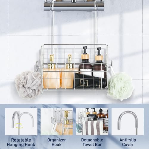SUTINE Hanging Shower Organizer, Shower Caddy Hanging, Bathroom Storage Rack with Hooks Over the Door, Stainless Steel Rustproof Bathroom Basket Shelf for Bath Faucet or Cross Bar