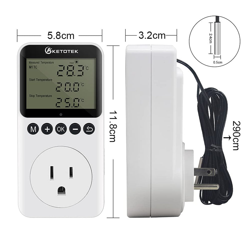 [Australia - AusPower] - KETOTEK Digital Day/Night Temperature Controller 120V, Thermostat Outlet Plug with Timer, Thermostatic Outlet Switch 110V with 3m Sensor for Reptile Terrarium Greenhouse, Heating/Cooling Temp Control KT3200pro No Backlit 