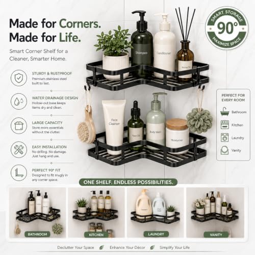 Shower Caddy, Wall Mounted Bathroom Shelf Organizer with Hooks, No Drilling Required