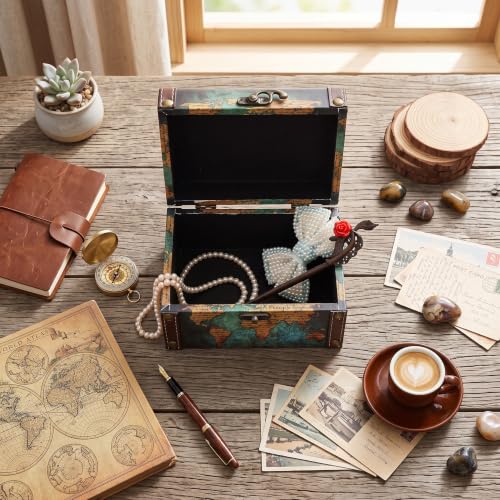 Pssopp vintage wooden jewelry box with world map pattern, compact storage for rings, necklaces, and small accessories.