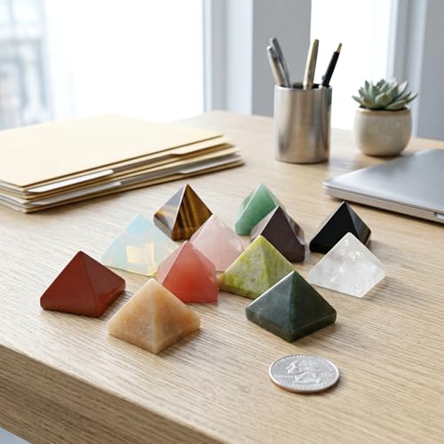 12 PCS Natural Chakra Crystal Pyramid Set – Opalite/Rose Quartz/Topaz/Obsidian Healing Crystals, Small Pyramids for Meditation, Energy Balancing, Reiki, Home Decoration