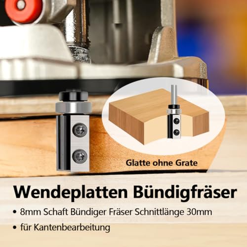Flush Cutter 8 mm Shank, 30 mm Cutting Length, D = 16 mm, Reversible Plates Flush Cutter, Interchangeable Carbide Blade, with Ball Bearing Wood Cutter, Flush Cutter for Edge Processing S=8 mm, D=16 mm, L=30 mm Flush-Trim Cut