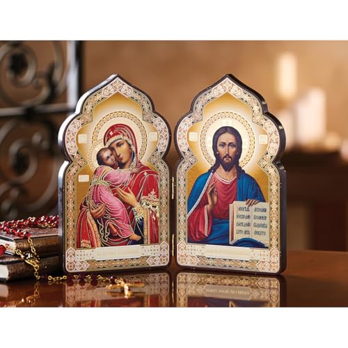 Religious Gifts Christ Madonna and Child Catholic Orthodox Russian Icon Diptych 7 3/8 Inch, Dome Shape