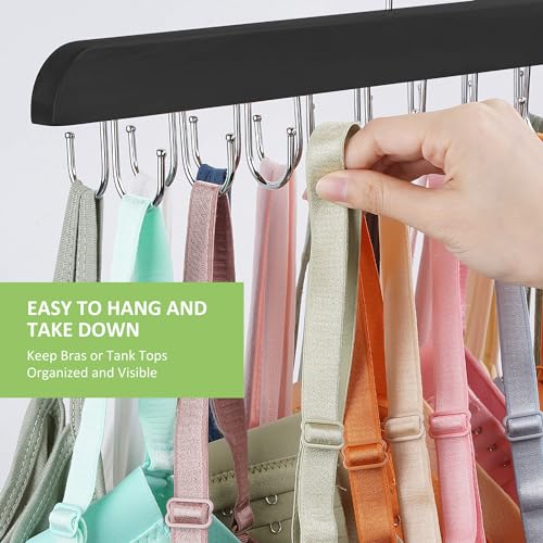 Bra Hanger for Closet, Tank Top Hanger 20 Hooks Capacity Sturdy Wood Space Saving Hanger Sport Bras Holder, Closet Organizers and Storage, Black 3 Pack