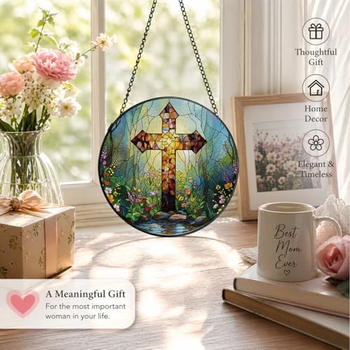 Christian Cross Stained Glass Hanging Religious Gifts for Women,6.3in 005-b-cross