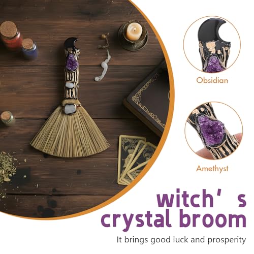 RENEMEGO Witch Crystal Altar Broom - Witchcraft Supplies Wiccan Decor Altar Supplies with Moon Black Obsidian Natural Healing Crystals Reiki Energy Emotional Regulation Wealth Attraction Crafts