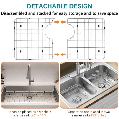 SOVYEN detachable kitchen sink rack and grid in silver, measuring 26" x 14", designed to fit at the bottom of a kitchen sink.