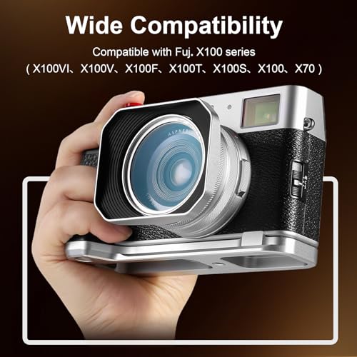 Haoge Square Metal Lens Hood for Fujifilm X100VI Fuji X100V X100F X100T X100S X70 Fuji Photo Camera Accessories Silver with 49mm Uv Filter Adapter Ring LH-X1006S