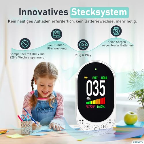 LSENLTY Decibel Meter, Decibel Meter for Wall Socket, Sound Level Meter with Data Hold, Max/Min Display, Fast/Slow Response Time, Temperature & Humidity Measurement, Pack of 1