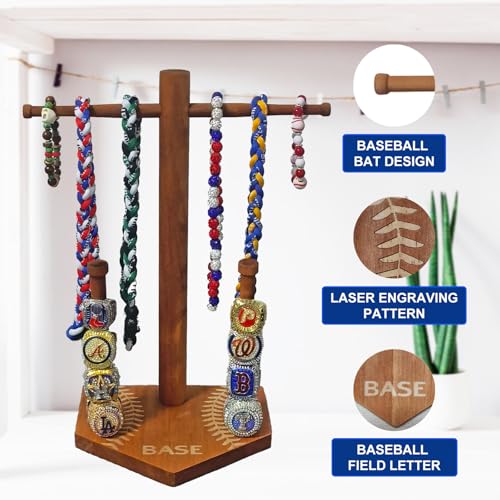 Wooden Baseball Drip Necklace Display Holder, Championship Rings Display Organizer (for ring size 9 or larger), Bonus 50Pcs Baseball Stickers, Greeting Card and Gift Box Wood Classic