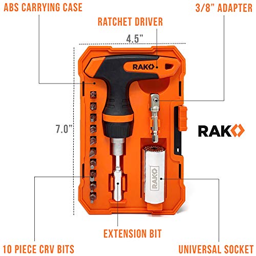 RAK universal socket tool set with T-handle ratchet driver, wrench grip, sockets and screwdriver bits