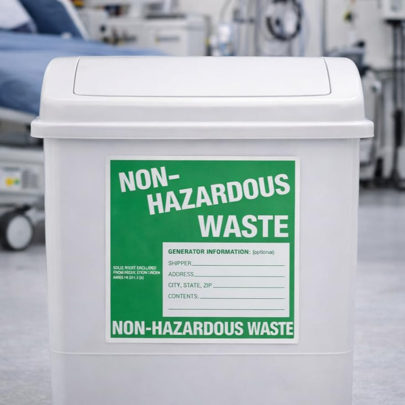 Non-Hazardous Waste Labels, 6 x 6 inches, Green/White, Self-Adhesive Vinyl, Pack of 25