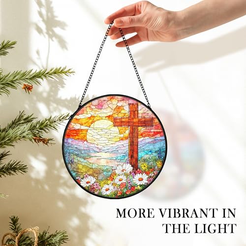 Christian Suncatcher Stained Glass Cross Window Hanging Decor, Christmas Religious Gifts for Women, Easter Landscape Sunrise Mountain Cross Garden Lawn Sun Catchers for Window Hanging,7.9x7.9In Cross4