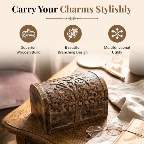 Premium Handmade Wooden Treasure Chest Decorative Trunk for Keepsakes Semicircular Curved Floral Jewellery Box Trinket Box Ladies Jewellery Storage Case Handcrafted Home Decor (Plain Tree) Plain tree