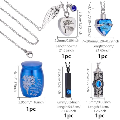 AHANDMAKER 5Pcs Urn Necklace for Ashes, Stainless Steel Cremation Keepsake Necklaces Small Cremains Container for Human Pet Ashes Heart Cuboid Column Memorial Jewelry for Women Men, 5 Styles