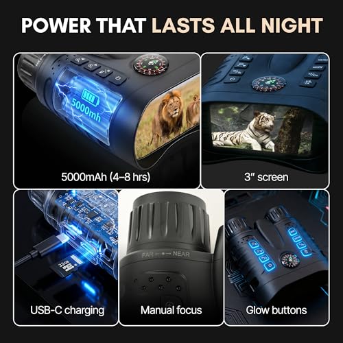 4K Night Vision Goggles for Adults, Night Vision Binoculars with 10X Optical Zoom 3-Inch HD Screen, for Hunting Wildlife Observation Security, Auto-Focus, Infrared, Waterproof.