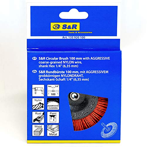 S&R Nylon Disc Brush Diameter 100 mm Hexagonal Shaft 1/4 Inch (6.35 mm) | Coarse, with coarse nylon wire nylon brush aggressive, wire brush grinding attachment Red Coarse Coarse-grain nylon wire
