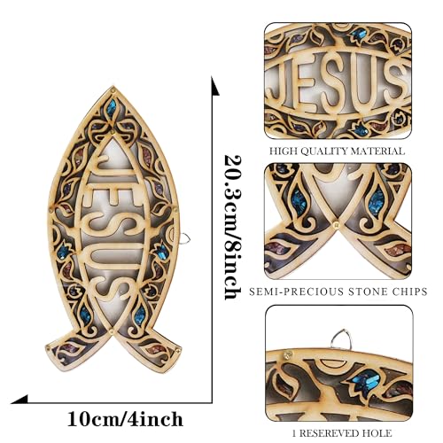 Christian Ichthys Fish Wall Plaque – Natural Wood with Turquoise Stone Chips & “Jesus” Center Design – Religious Christian Home Décor, Ready to Hang, 8” x 4”
