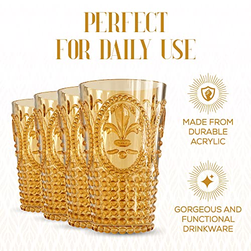 Elle Decor Acrylic Plastic Water Tumblers, Set of 4 Drinking Cups, Reusable, Shatterproof, and BPA-Free Beverage Drinking Glasses for Water, Juice, Lemonade, Ice Coffee (Amber), 25.36 OZ