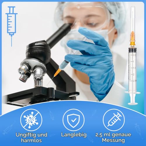 Pack of 40 Plastic Syringes with Needle, Versatile Syringes 2.5 ml, Plastic Syringe Individually Packed, Dosing Syringes with Caps for Garden, Pet Care, Laboratory Supplies