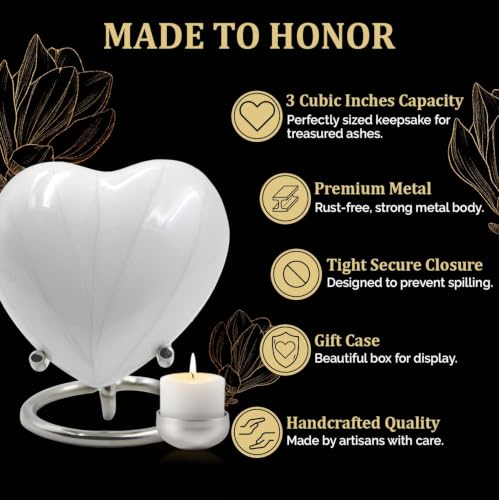 Small Urns for Human Ashes Keepsake – Heart Urn for Men & Women – Mini Urns with Stand – A Loving Heart Shaped Cremation Urn to Honor Their Memory Forever (White, Small) White