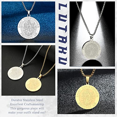 St Christopher Necklace Saint Michael George Barbara Pendant Women Men The Seal of The Seven Archangels Charm Chain Religious Medal Medallion Disc Jewelry Christian Gift St Christopher-055S