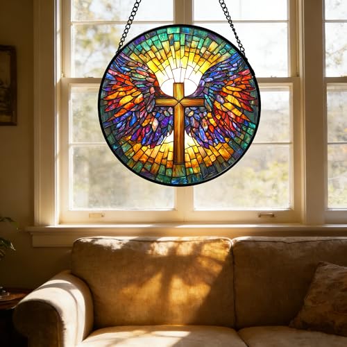 Christian Cross Wings Stained Glass Window Hanging Suncatcher Gifts 7.8" Gold 7.8x7.8 IN
