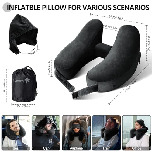 Sunany Neck Pillow for Travel Inflatable Airplane Pillow Comfortably Supports Head,Neck and Chin,Inflatable Travel Pillow with Soft Velour Cover,Portable Drawstring Bag (Black with Hat) Dark Black H-Shape