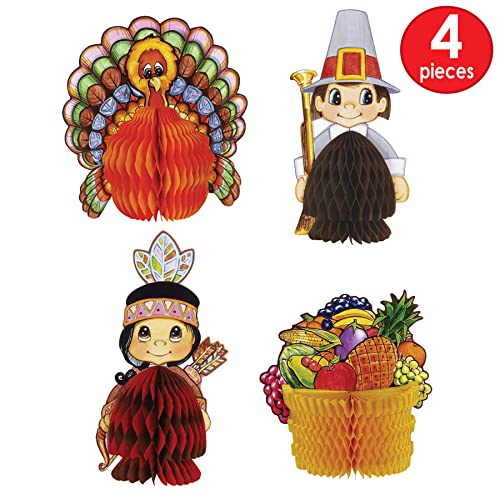 Beistle 4 Piece Thanksgiving Decorations Mini Pilgrim And Turkey Table Centerpieces For Fall Autumn Party Décor