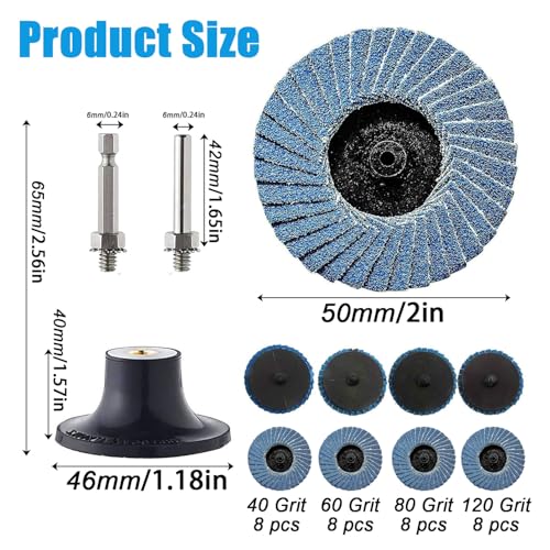 Pack of 32 Flap Discs 50 mm for Drill, 2 Inch Sanding Discs 50 mm, Grit 40/60/80/120, Zirconia Corundum Grinding Disc for Metal Wood Steel, Angle Grinder 2 Inch Tray + 2 Round Rods