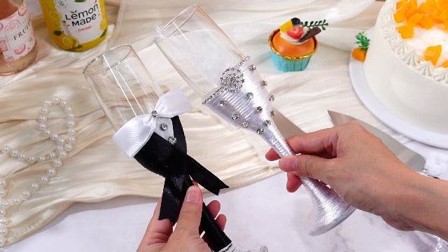 Domensi 4 Pcs Wedding Cake Knife Server Set, Black White Bride Groom