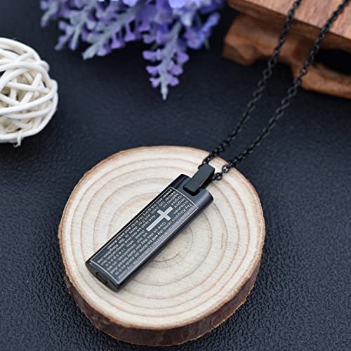 Our Father Lord's Prayer and Cross Urn Pendant Necklace Cremation Urn Necklace Cremation Jewelry Stainless Steel Rectangle Cremation Pendant Memorial Ashes Keepsake Urn Necklace Black