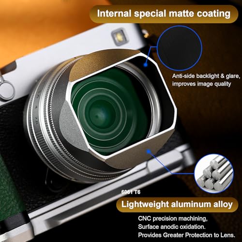 Haoge Squaret Metal Lens Hood for Fujifilm XF23mm F2.8 on XE5 Cemera Body kit Fujinon XF27mmF2.8 R WR Lense 39mm Screw-in Hood Silver,with Metal Cap